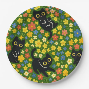 Cute Black Cats Floral Meadow Pattern Paper Plates