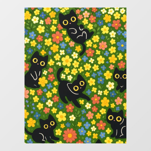 Cute Black Cats Floral Meadow Pattern Window Cling (Sheet)