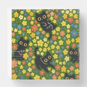 Cute Black Cats Floral Meadow Pattern Wooden Box Sign