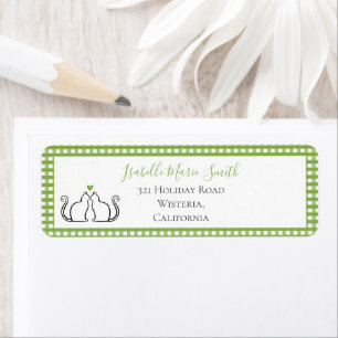 Cute Black Cats Green Heart Gingham Border White Label