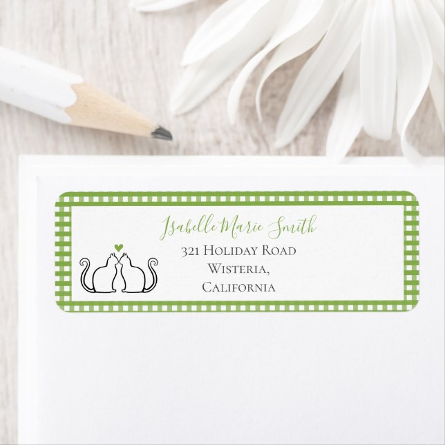 Cute Black Cats Green Heart Gingham Border White Label (Insitu)