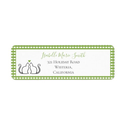 Cute Black Cats Green Heart Gingham Border White Label