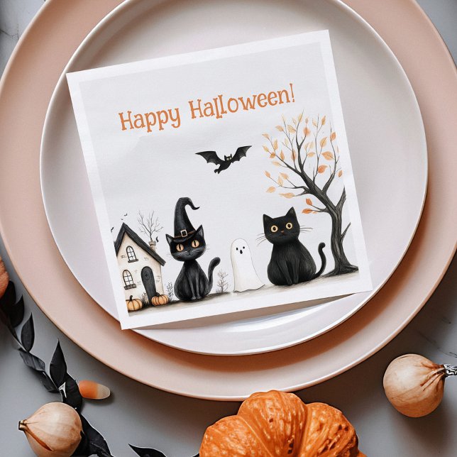Cute Black Cats Halloween Party Napkins (Cute Black Cats Halloween Party Napkins on an orange plate with autumn decoration)