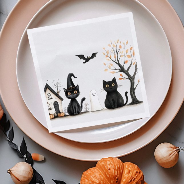 Cute Black Cats Halloween Party Napkins (Cute Black Cats Halloween Party Napkins on an orange plate with autumn decoration)