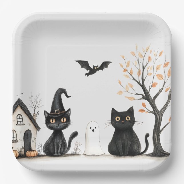 Cute Black Cats Halloween Party Paper Plates (Front)