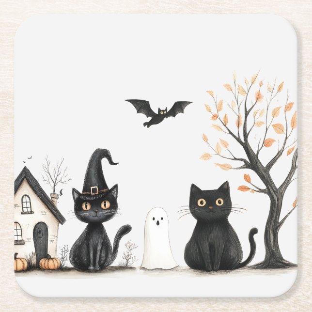 Cute Black Cats Halloween Party Square Paper Coaster (Front)
