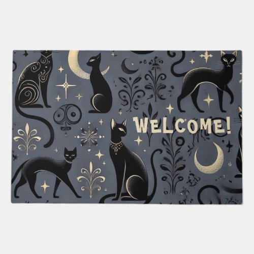 Cute Black Cats Halloween Pattern Your Text Doormat