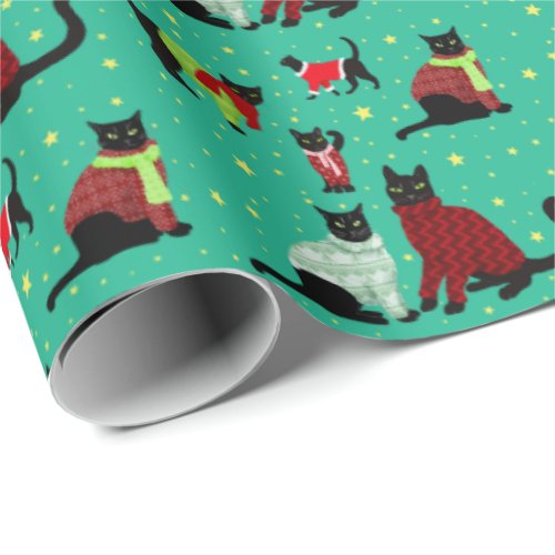 Cute Black Cats in Christmas Sweaters  Wrapping Paper