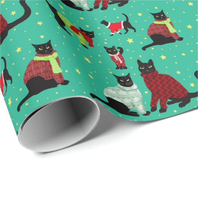 Cute Black Cats in Christmas Sweaters  Wrapping Paper (Roll Corner)