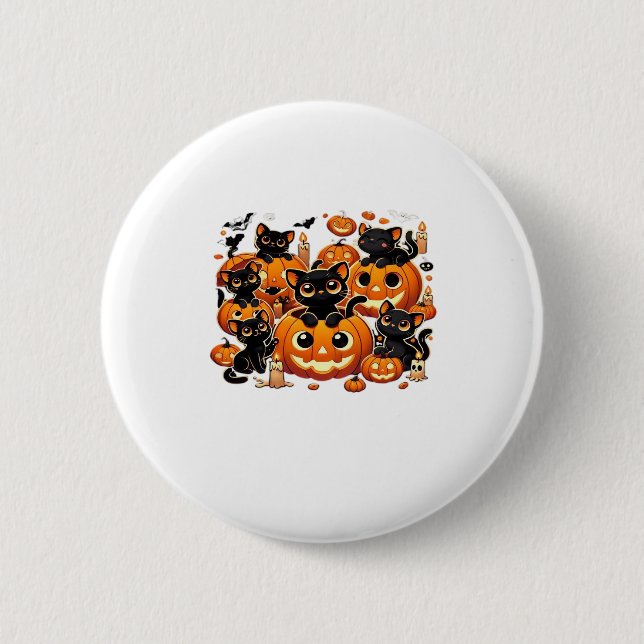 Cute Black Cats in Pumpkins Halloween Night Artwor Button (Front)