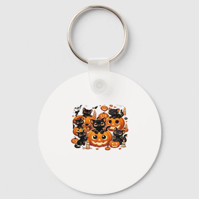 Cute Black Cats in Pumpkins Halloween Night Artwor Keychain (Front)