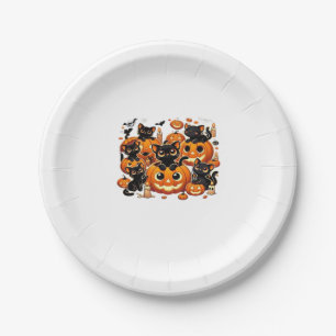 Cute Black Cats in Pumpkins Halloween Night Artwor Paper Plates