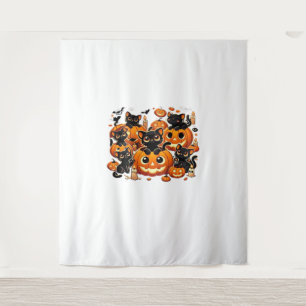 Cute Black Cats in Pumpkins Halloween Night Artwor Tapestry