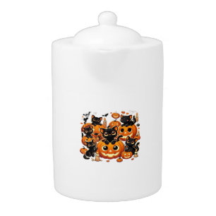 Cute Black Cats in Pumpkins Halloween Night Artwor Teapot