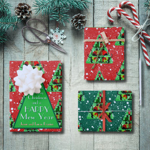 Cute Black Cats in Sweaters Christmas Tree Red Wrapping Paper Sheets