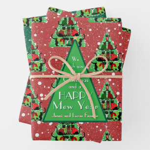 Cute Black Cats in Sweaters Christmas Tree Red Wrapping Paper Sheets