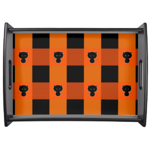 Cute Black Cats on Orange Plaid Serving Tray