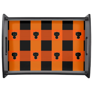 Cute Black Cats on Orange Plaid Serving Tray