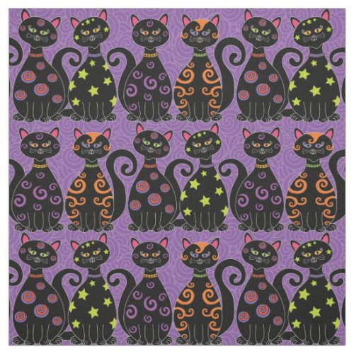 Cute Black Cats on Purple Halloween Pattern Fabric