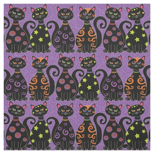 Cute Black Cats on Purple Halloween Pattern Fabric (Swatch)