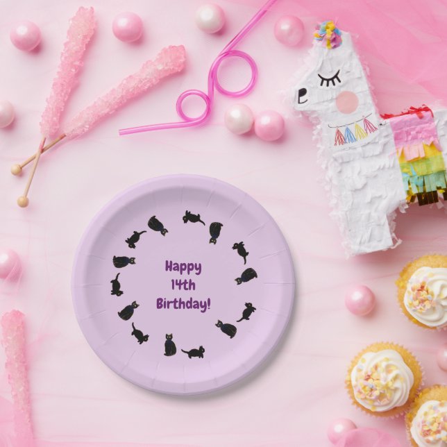 Cute Black Cats Pattern Age Birthday Paper Plates (Party)