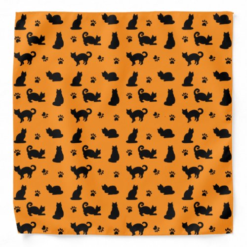 Cute Black Cats Paw Prints Orange Halloween Bandana