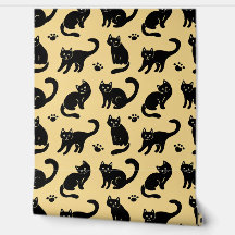 Cute Black Cats & Paw Prints Seamless Pattern
