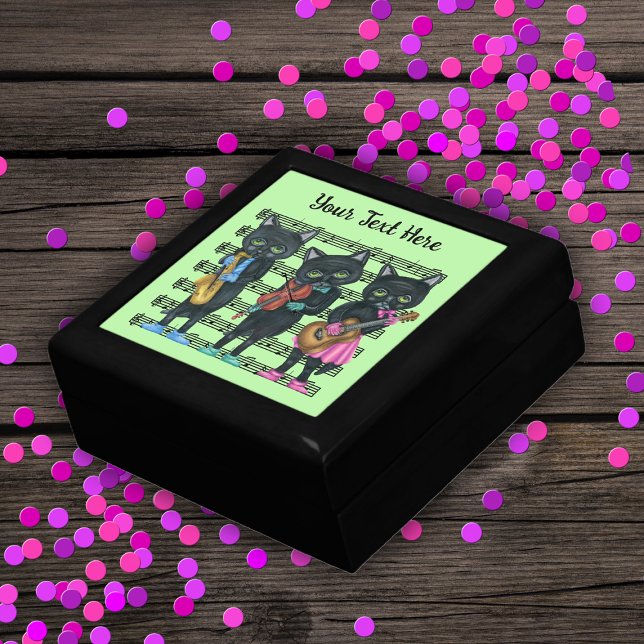 Cute Black Cats Playing Music Instruments Green Gift Box (Black Cat musicians playing instruments on sheet music on green on wood gift or trinket box.)