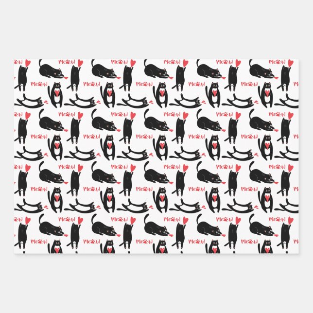 Cute black cats playing with hearts and meow wrapping paper sheets (Front)