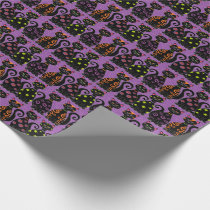 Cute Black Cats Purple Whimsical Halloween Pattern Wrapping Paper