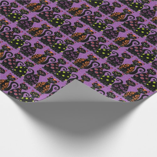 Cute Black Cats Purple Whimsical Halloween Pattern Wrapping Paper