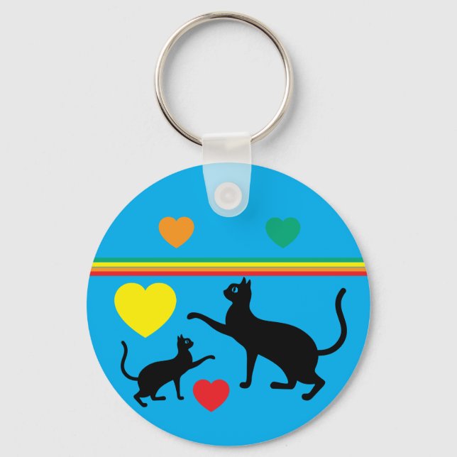 Cute Black Cats & Rainbow Shapes Blue Keychain (Back)