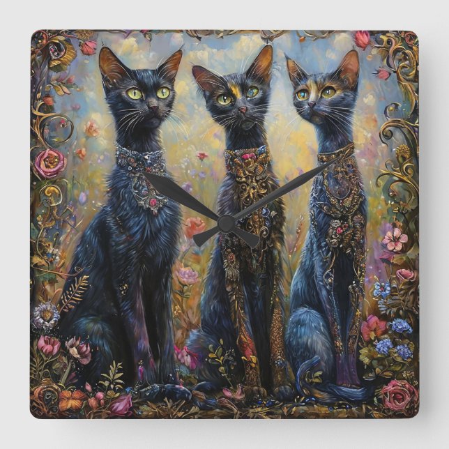 Cute black cats square wall clock (Front)