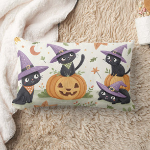 Cute black cats wearing purple witch hats lumbar pillow