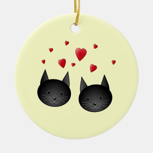 Cute Black Cats with Hearts on cream Ceramic Ornament