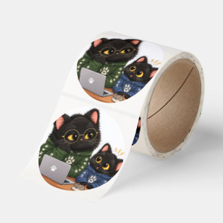 Cute Black Cats Working On Laptop - Cozy Work From Classic Round Sticker