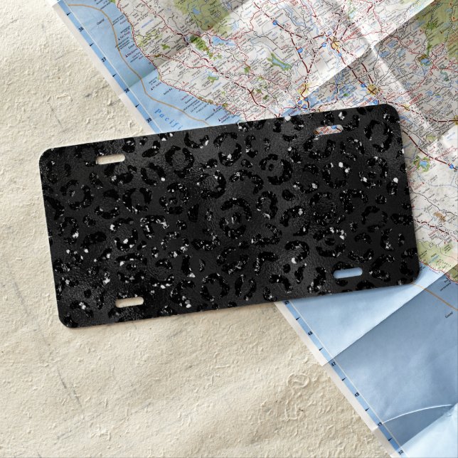 Cute Black Cheetah Leopard Skin Print Animal License Plate (In Situ)
