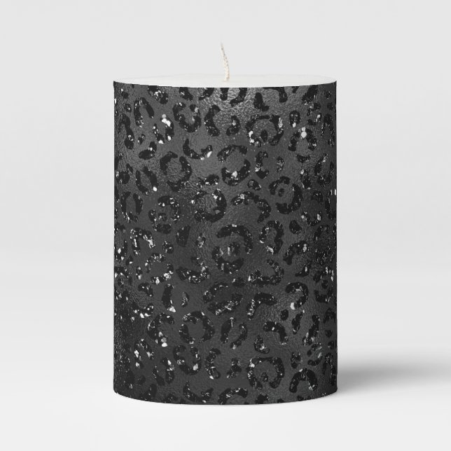 Cute Black Cheetah Leopard Skin Print Pattern Pillar Candle (Front)