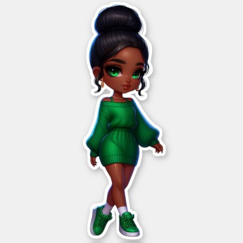 Cute black chibi girl in green  sticker
