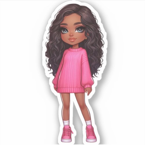 Cute black chibi girl in pink sweater  sticker