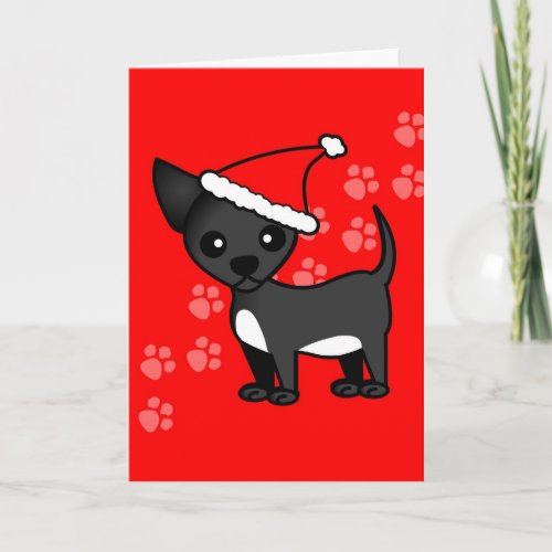 Cute Black Chihuahua Cartoon Santa Hat Holiday Card