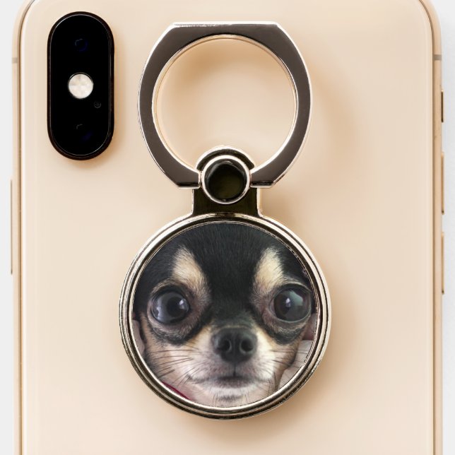 Cute Black Chihuahua Dog Face Phone Ring Stand (Close Up)