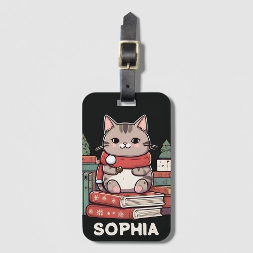 Cute Black Christmas Cat Name Personalized Kids Luggage Tag