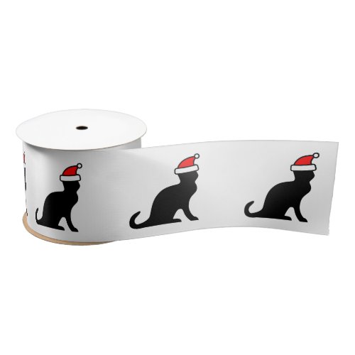 Cute black Christmas cat with red Santa Claus hat Satin Ribbon