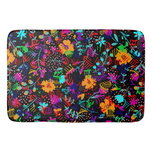 Cute black colorful abstract flowers bath mat (Front)