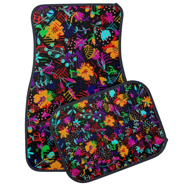 Cute black colorful abstract flowers car floor mat (Set)