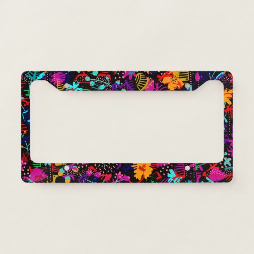 Cute black colorful abstract flowers license plate frame