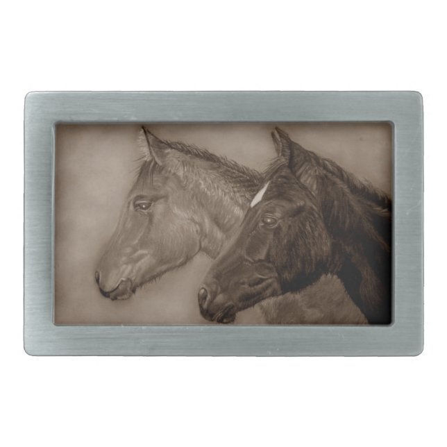 cute black colt foal chestnut filly horse rectangular belt buckle (Front)