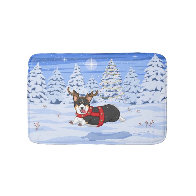 Cute Black Corgi Christmas Reindeer Costume Bath Mat (Front)
