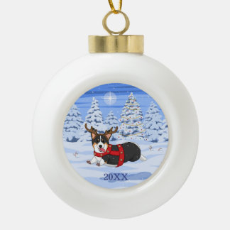 Cute Black Corgi Christmas Reindeer Costume Ceramic Ball Christmas Ornament